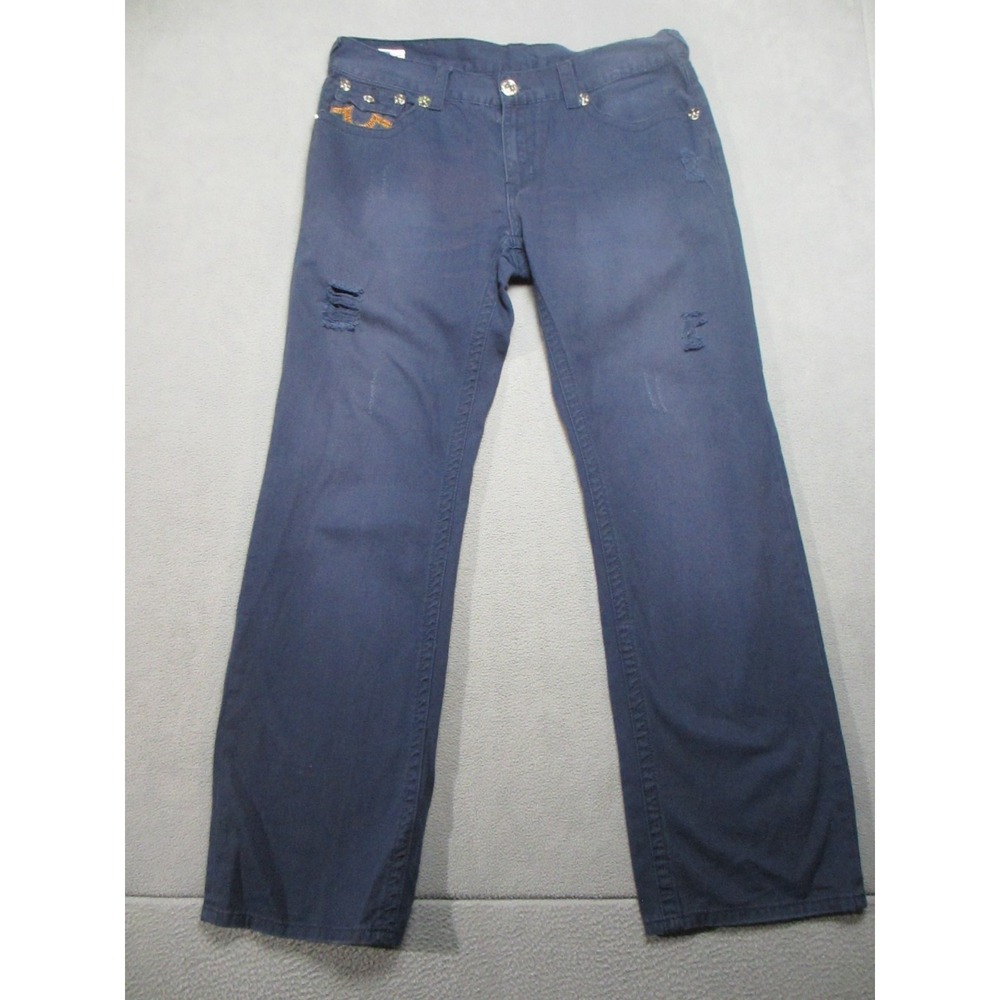 True Religion Jeans Mens 38x34 Blue Denim Ricky Straight Distressed Embroidered